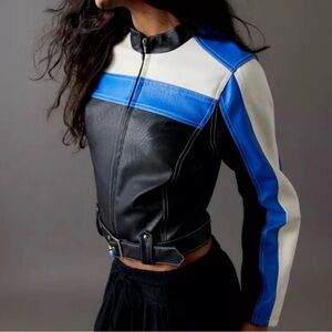 Urban Outfitters Black and Blue Leather Jacket